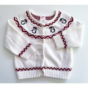 Gymboree Toddler Girl's White and Red Holiday Penguin Cardigan Size 12-18 Months